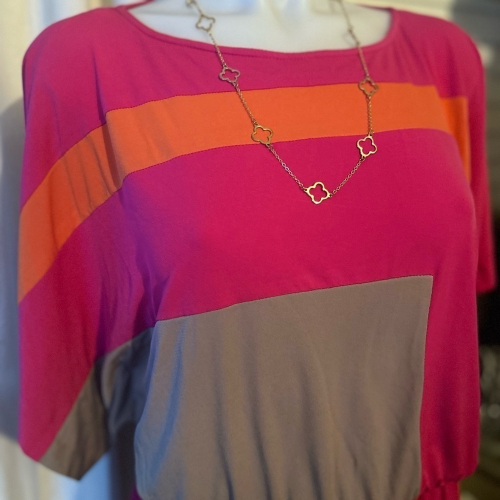 🍀 3 for $20 Suzi Chen Short Sleeve Dress Colorblock Hot Pink Orange Batwing - Picture 5 of 12